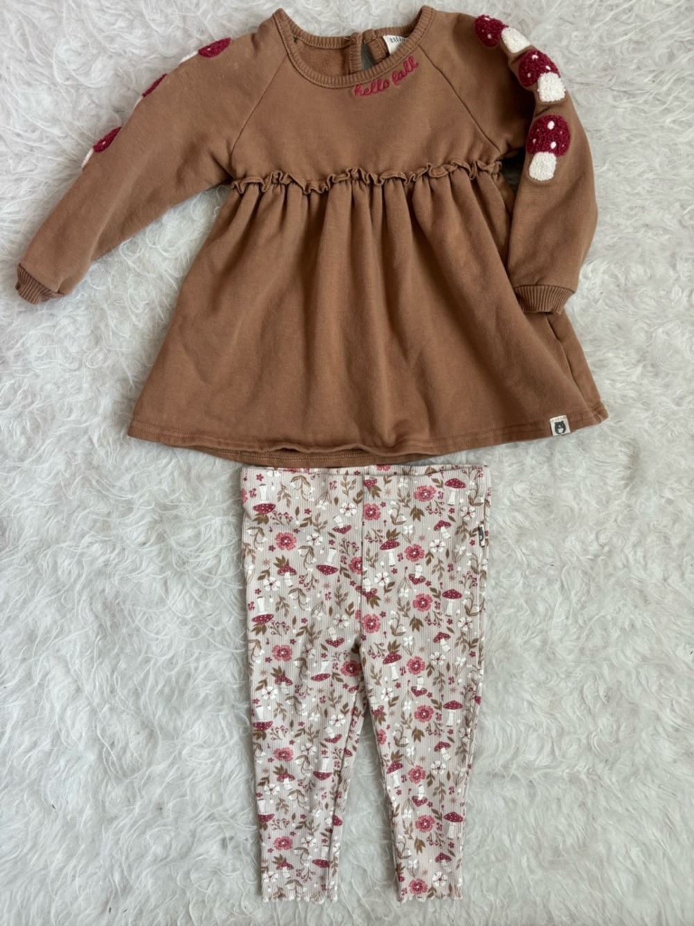 Rabbit + Bear Organic Girls Brown Mushroom Tunic & Cream Floral Leggings Set
